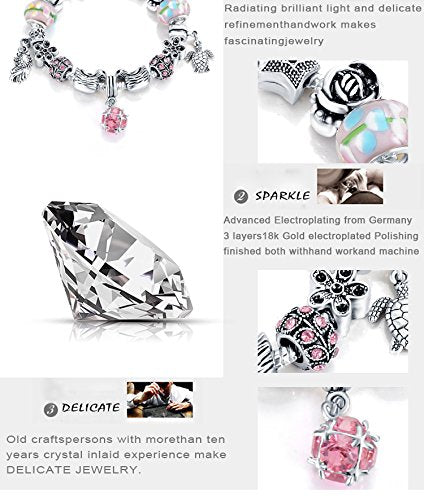 VPKJewelry Murano and Austrian Crystal Glass Charm Bracelet Chain Animals Bead Silver plated