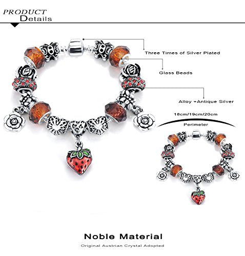 VPKJewelry Strawberry Murano and Austrian Crystal Charm Beads Chain Silver Plated Bracelet