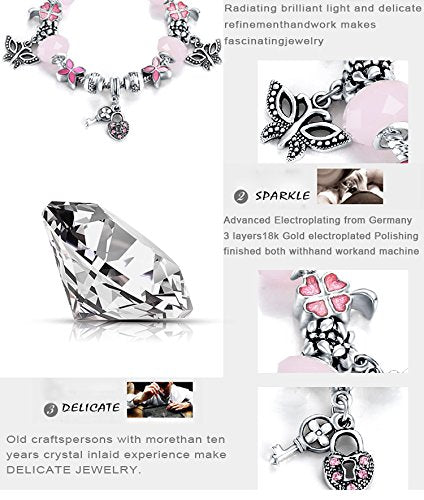 VPKJewelry Lock Key Butterfly Murano and Austrian Crystal Charm Bracelet Beads Chain Silver Plated