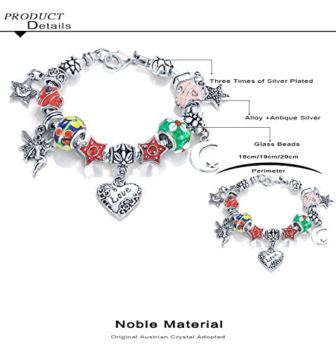 VPKJewelry Chain Crystal Heart Angel Bead Austrian and Murano Glass Charm Silver Bracelet