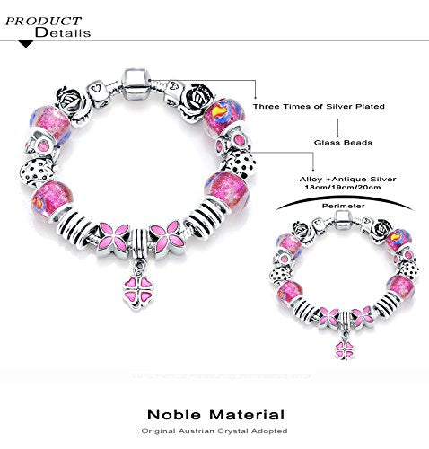 VPKJewelry Charm Bracelet Chain Austrian Crystal and Murano Glass Pink Flowers Bead Silver Plated