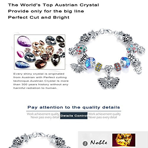 VPKJewelry Women Girls Murano and Austrian Crystal Charm Bracelet Bead Chain Animals Silver tone