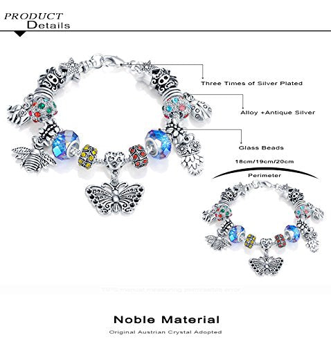 VPKJewelry Women Girls Murano and Austrian Crystal Charm Bracelet Bead Chain Animals Silver tone