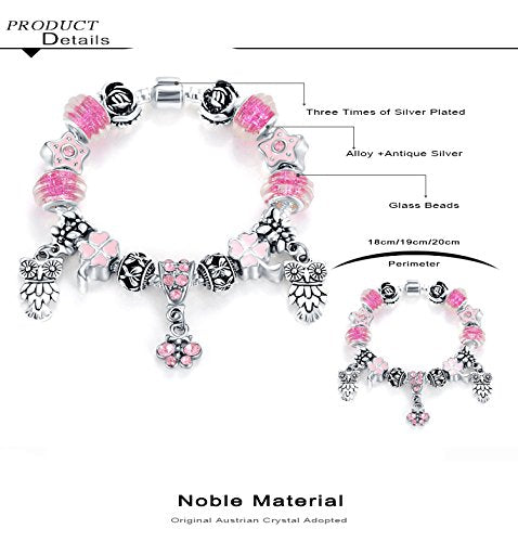 VPKJewelry Owl Murano and Austrian Crystal Charm Bracelet Bead Chain Silver Plated