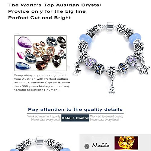 VPKJewelry Women Cirl Moon Star Bead Murano and Austrian Crystal Charm Bracelet Silver Plated