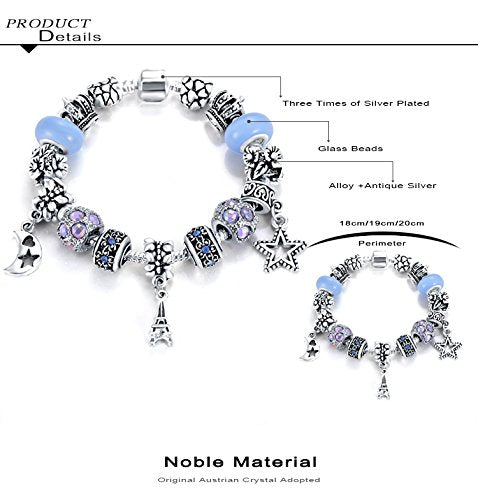 VPKJewelry Women Cirl Moon Star Bead Murano and Austrian Crystal Charm Bracelet Silver Plated