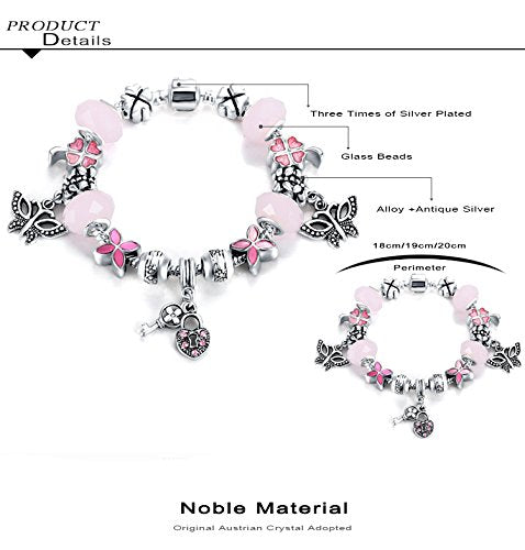 VPKJewelry Lock Key Butterfly Murano and Austrian Crystal Charm Bracelet Beads Chain Silver Plated
