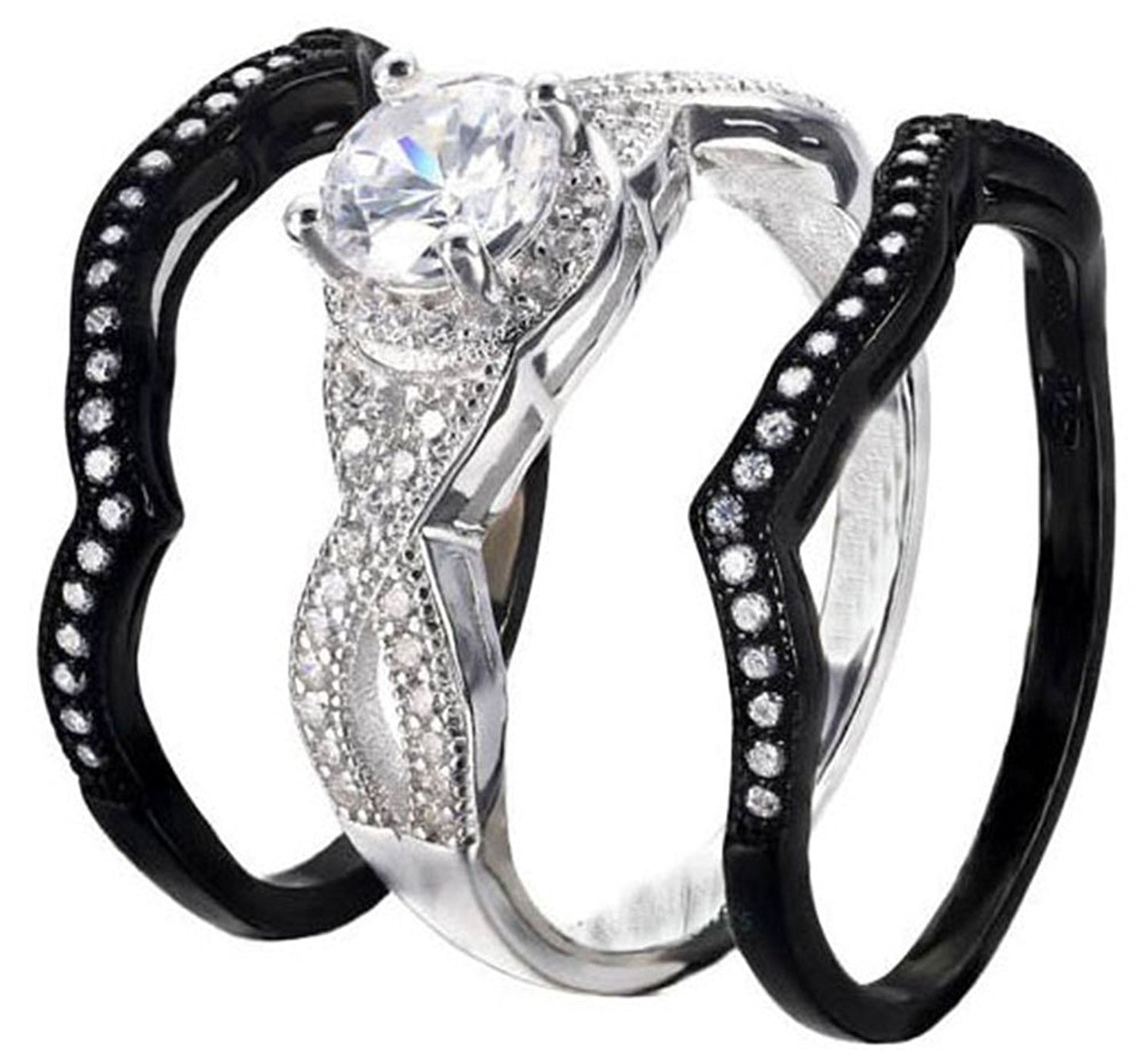 VPKJewelry 3.60 ct Real 925 Silver Wedding Engagement 3pc set Black White Ring Women Ladies (11.5)