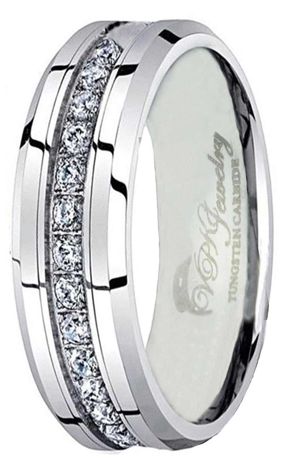 VPKJewelry Tungsten Carbide Silver 13 CZ Men Women Wedding Engagement Comfort Fit Band 8 or 6 mm Ring (tungsten 6 mm, 4)