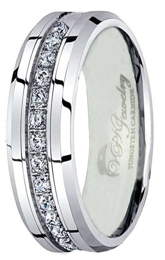 VPKJewelry Tungsten Carbide Silver 13 CZ Men Women Wedding Engagement Comfort Fit Band 8 or 6 mm Ring (tungsten 6 mm, 4)