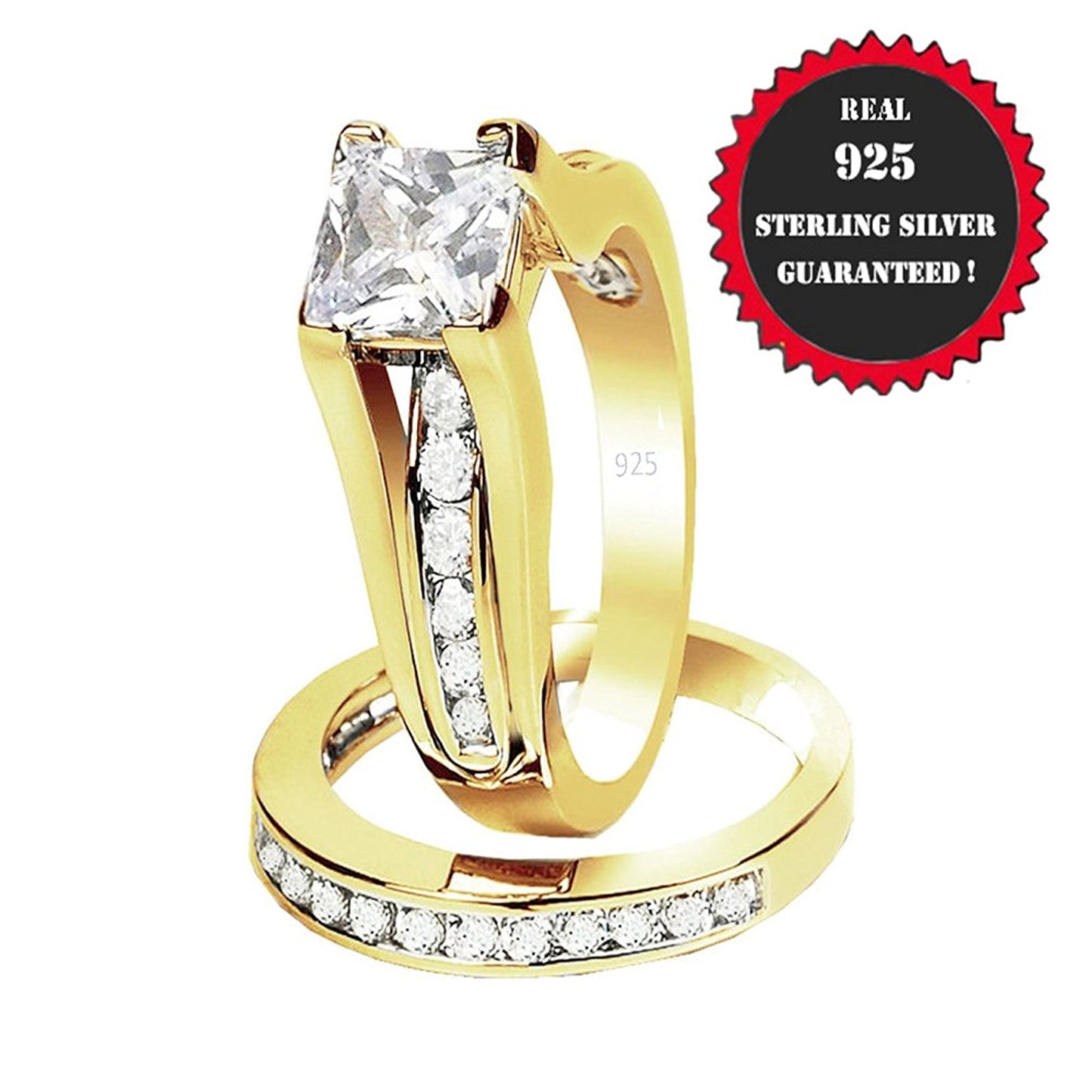 VPKJewelry 2.10 ct Real 925 Sterling Silver Yellow Wedding 2 pc set Diamonique CZ Ring Women