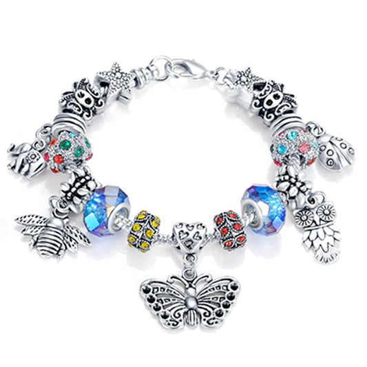 VPKJewelry Women Girls Murano and Austrian Crystal Charm Bracelet Bead Chain Animals Silver tone