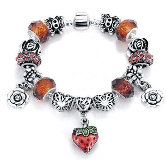 VPKJewelry Strawberry Murano and Austrian Crystal Charm Beads Chain Silver Plated Bracelet