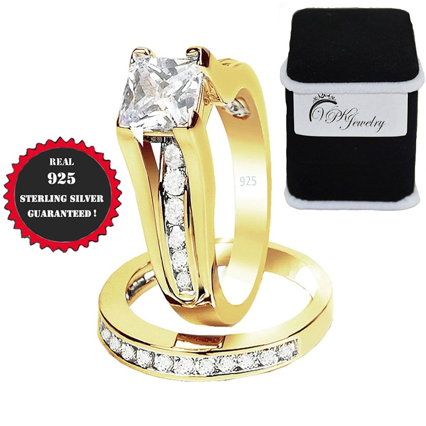 VPKJewelry 2.10 ct Real 925 Sterling Silver Yellow Wedding 2 pc set Diamonique CZ Ring Women