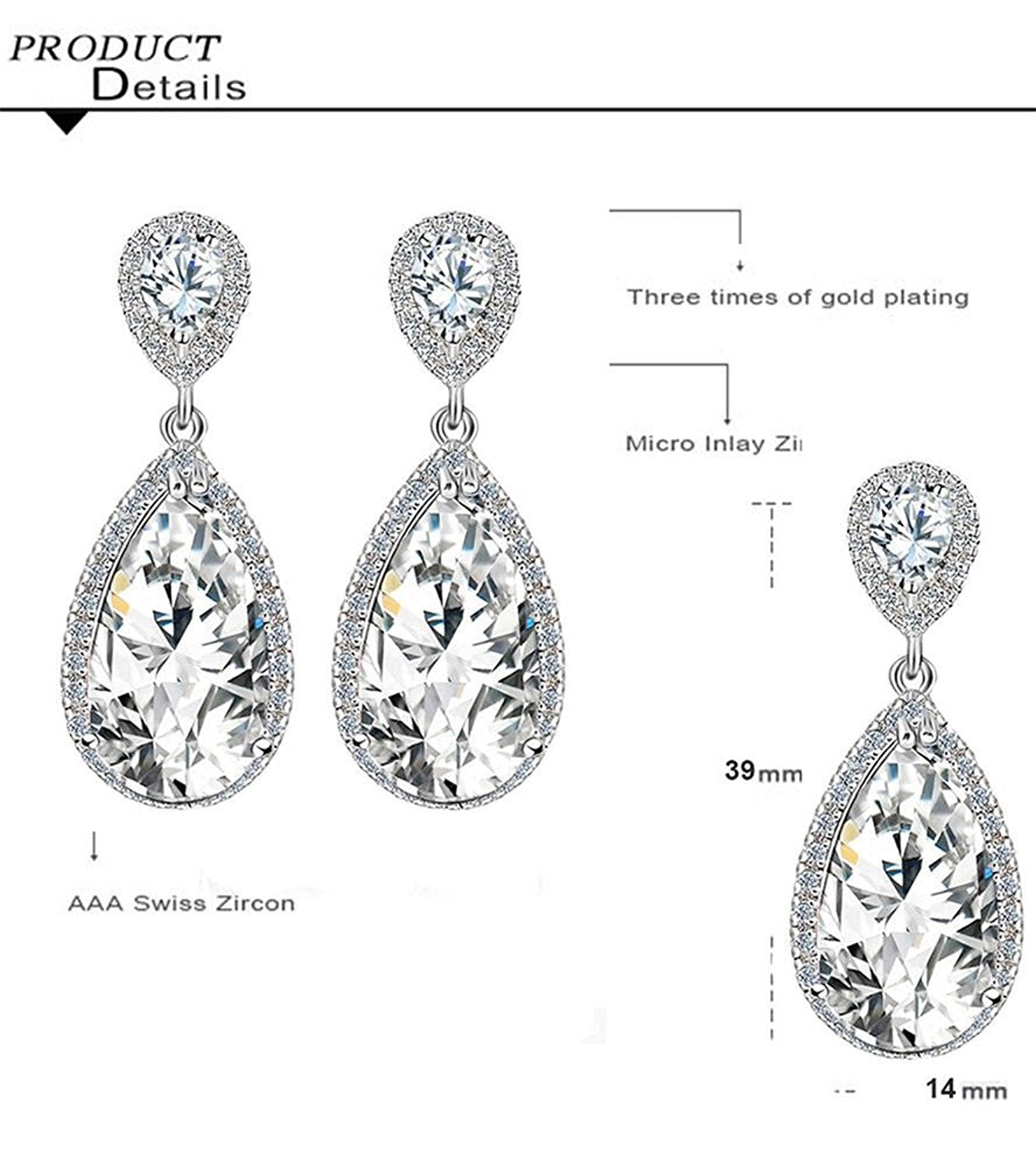 VPKJewelry Weddings Drop Earrings Austrian Crystal Chandelier Dangle White or Yellow Gold plated 39x14 mm (White)