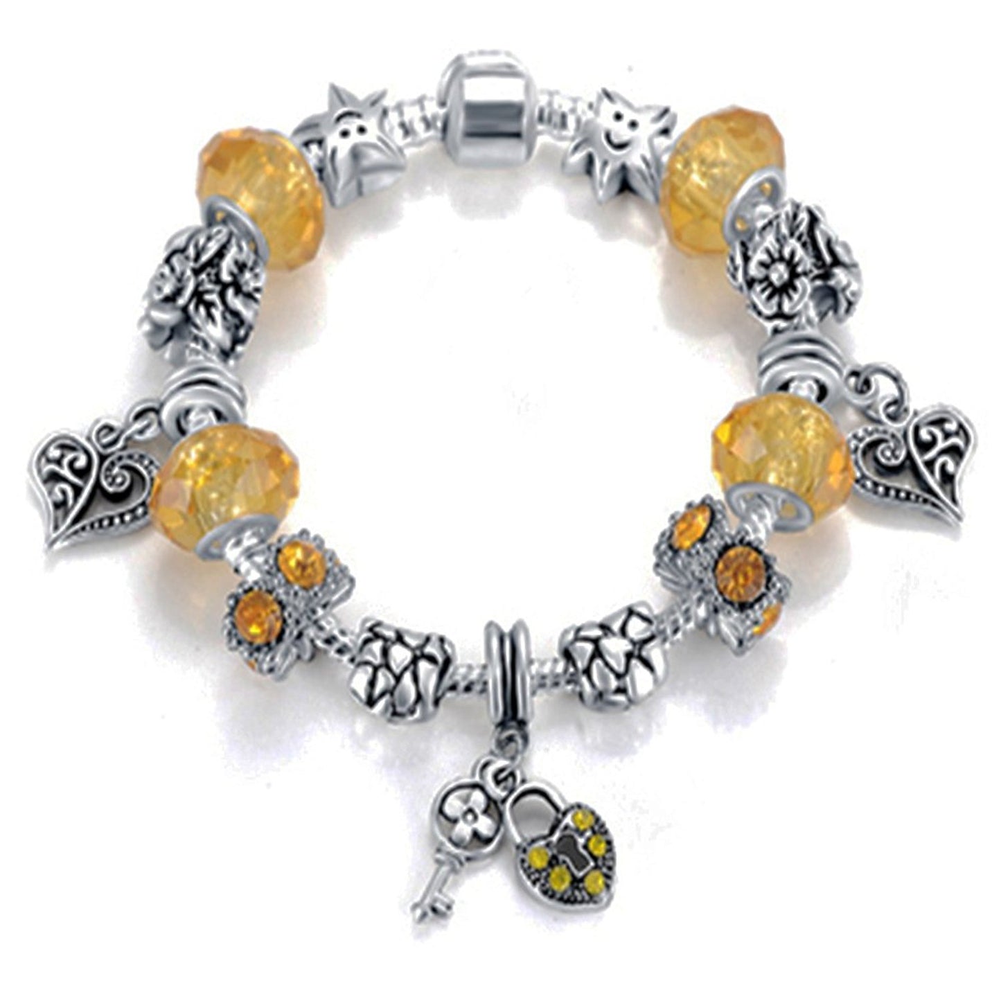 VPKJewelry Chain Crystal Lock Key Heart Bead Austrian and Murano Glass Silver Charm Bracelet