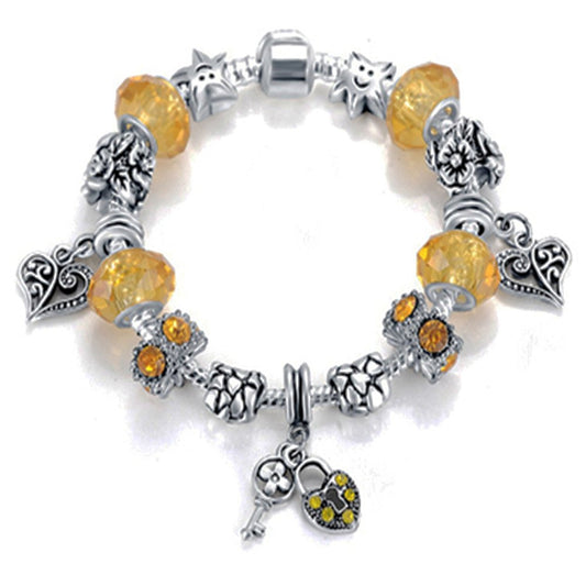 VPKJewelry Chain Crystal Lock Key Heart Bead Austrian and Murano Glass Silver Charm Bracelet