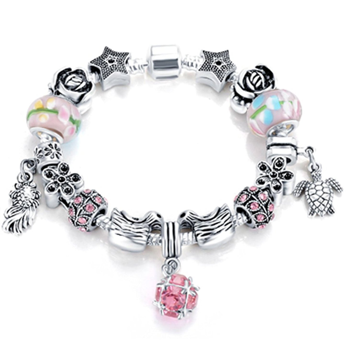 VPKJewelry Murano and Austrian Crystal Glass Charm Bracelet Chain Animals Bead Silver plated