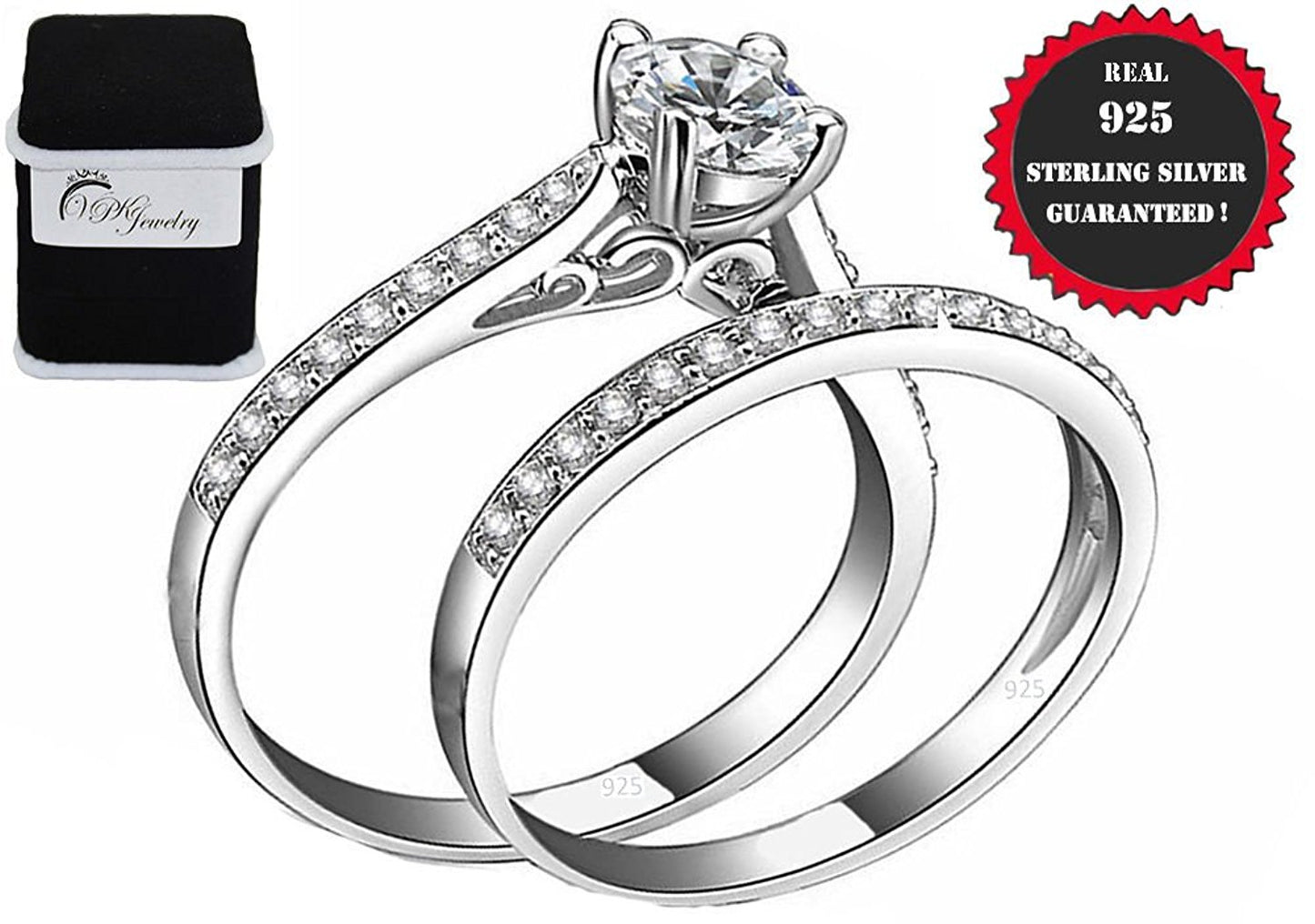 VPKJewelry 2.00 ct Real 925 Sterling Silver Wedding 2 pc set Diamonique CZ Ring Women's Girls