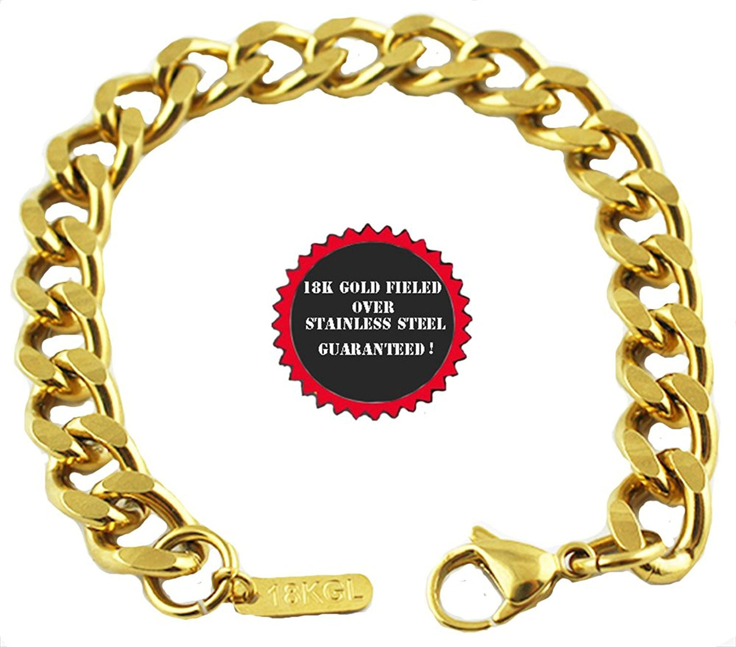 VPKJewelry 18 k gold Stainless steel Link Curb Cuban Chain Bracelets 9 mm 7'',8'' (7.0)