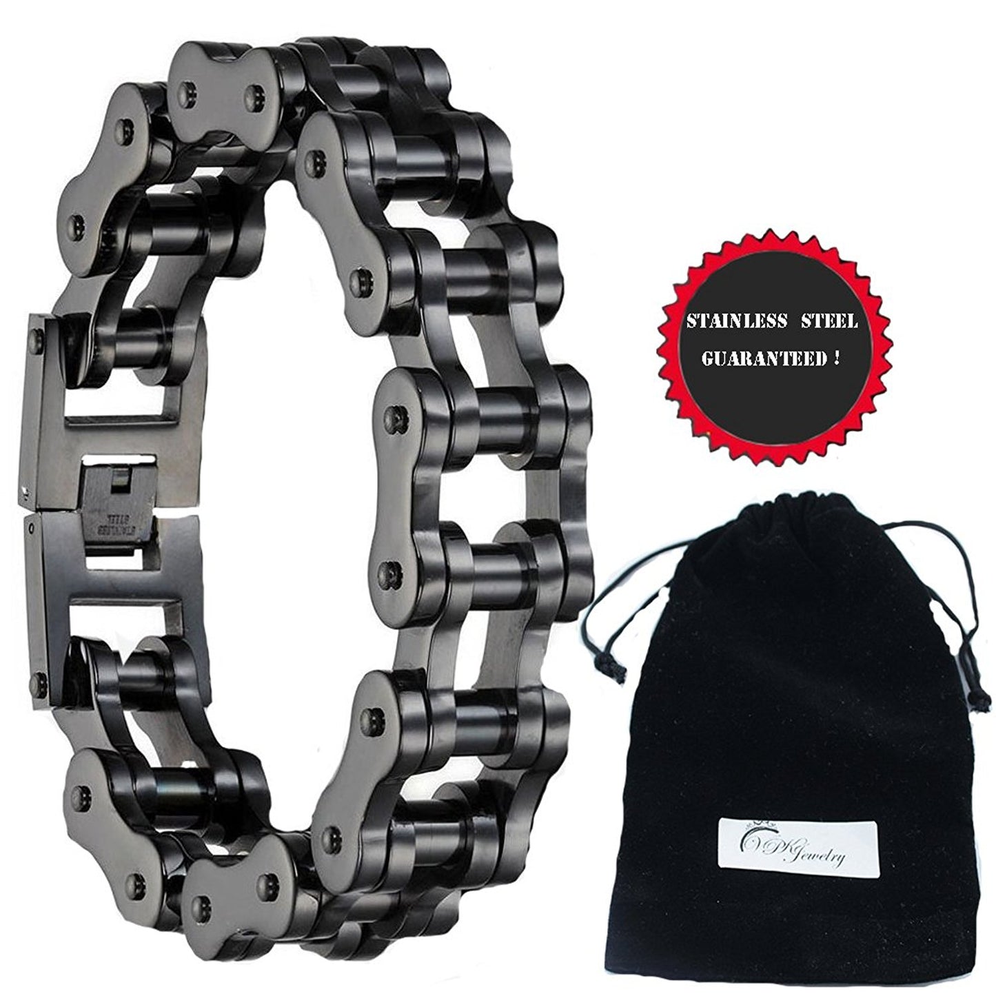 VPKJewelry Men's Black Stainless Steel Motorcycle Bike Biker Link Chain Bracelet L 8-10'' Heave W 19 mm