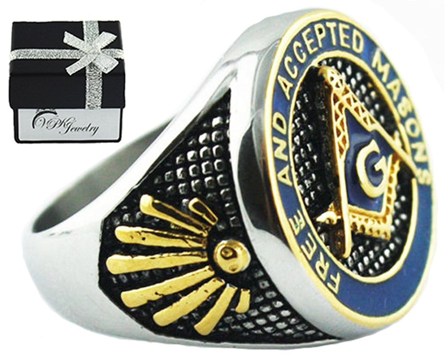 VPKJewelry Mens F. & A.M. Masonic Mason Blue Enamel Gold Plated Polished Stainless Steel rings sz 7.5-14.5