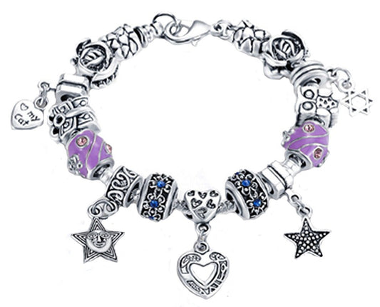 VPKJewelry Charm Bracelet Chain Hearts Stars Bead Austrian and Murano Crystal Silver Plated
