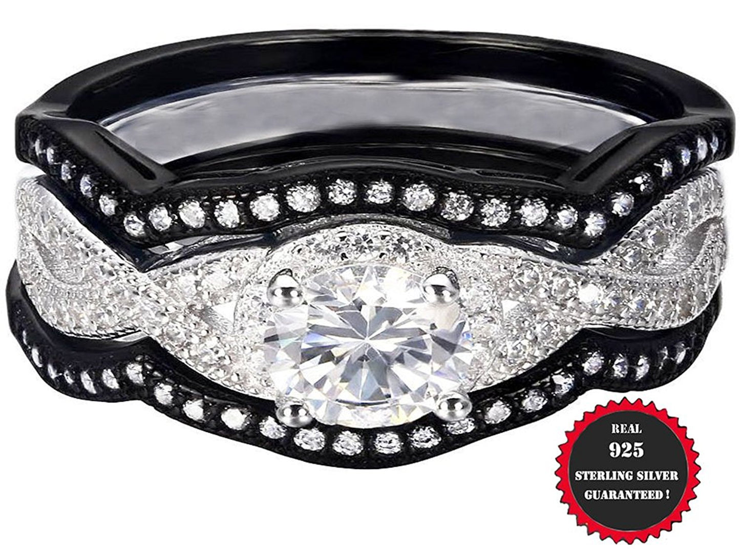 VPKJewelry 3.60 ct Real 925 Silver Wedding Engagement 3pc set Black White Ring Women Ladies (11.5)