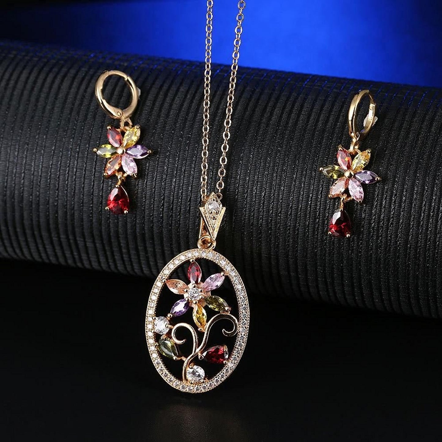VPKJewelry 18k gold plated Multi Color CZ Set Earrings Pendant 18'' Chain