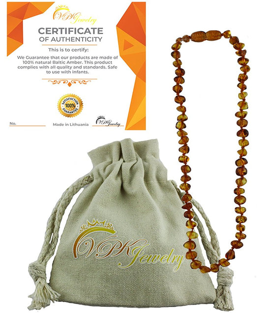 VPKJewelry Amber Teething Necklace Babies Anti Inflammatory Drooling Pain Reduce Cognac Honey Unisex Baltic