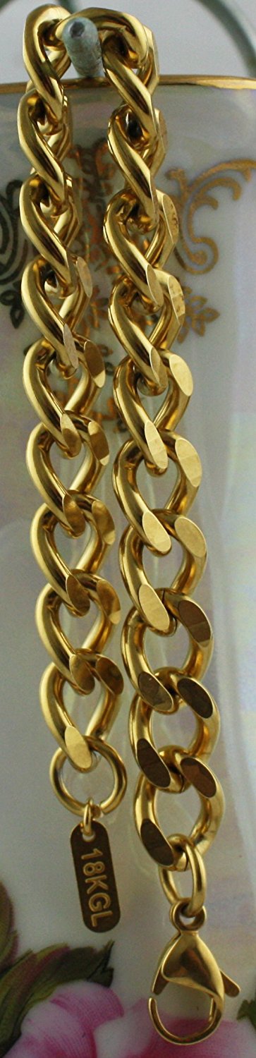 VPKJewelry 18 k gold Stainless steel Link Curb Cuban Chain Bracelets 9 mm 7'',8'' (7.0)
