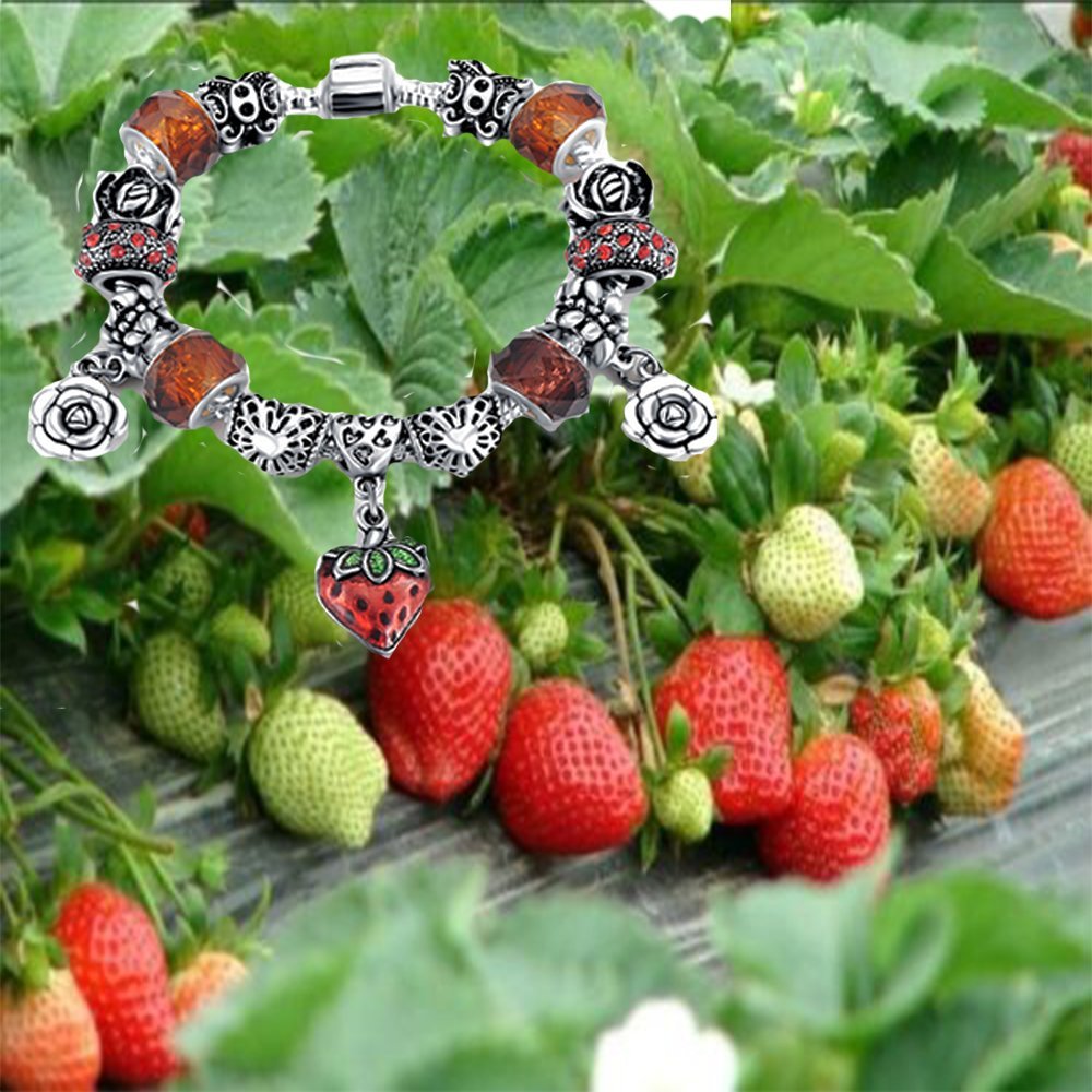 VPKJewelry Strawberry Murano and Austrian Crystal Charm Beads Chain Silver Plated Bracelet