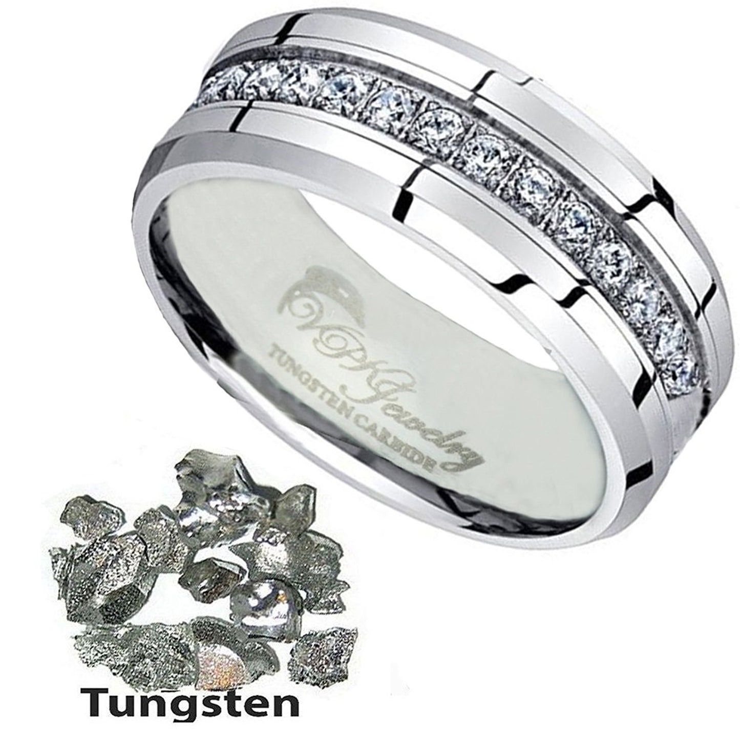 VPKJewelry Tungsten Carbide Silver 13 CZ Men Women Wedding Engagement Comfort Fit Band 8 or 6 mm Ring (tungsten 6 mm, 4)