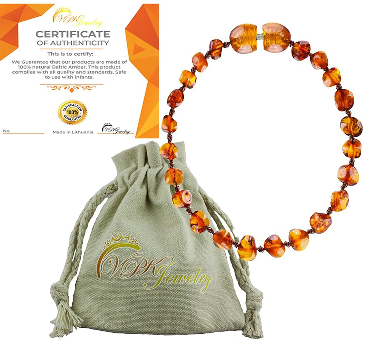 VPKJewelry Amber Teething Bracelet Babies Anti Inflammatory Drooling Pain Reduce Cognac Honey Unisex Baltic