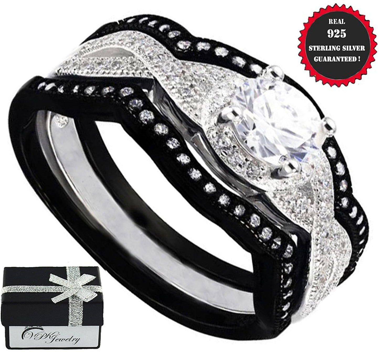 VPKJewelry 3.60 ct Real 925 Silver Wedding Engagement 3pc set Black White Ring Women Ladies (11.5)