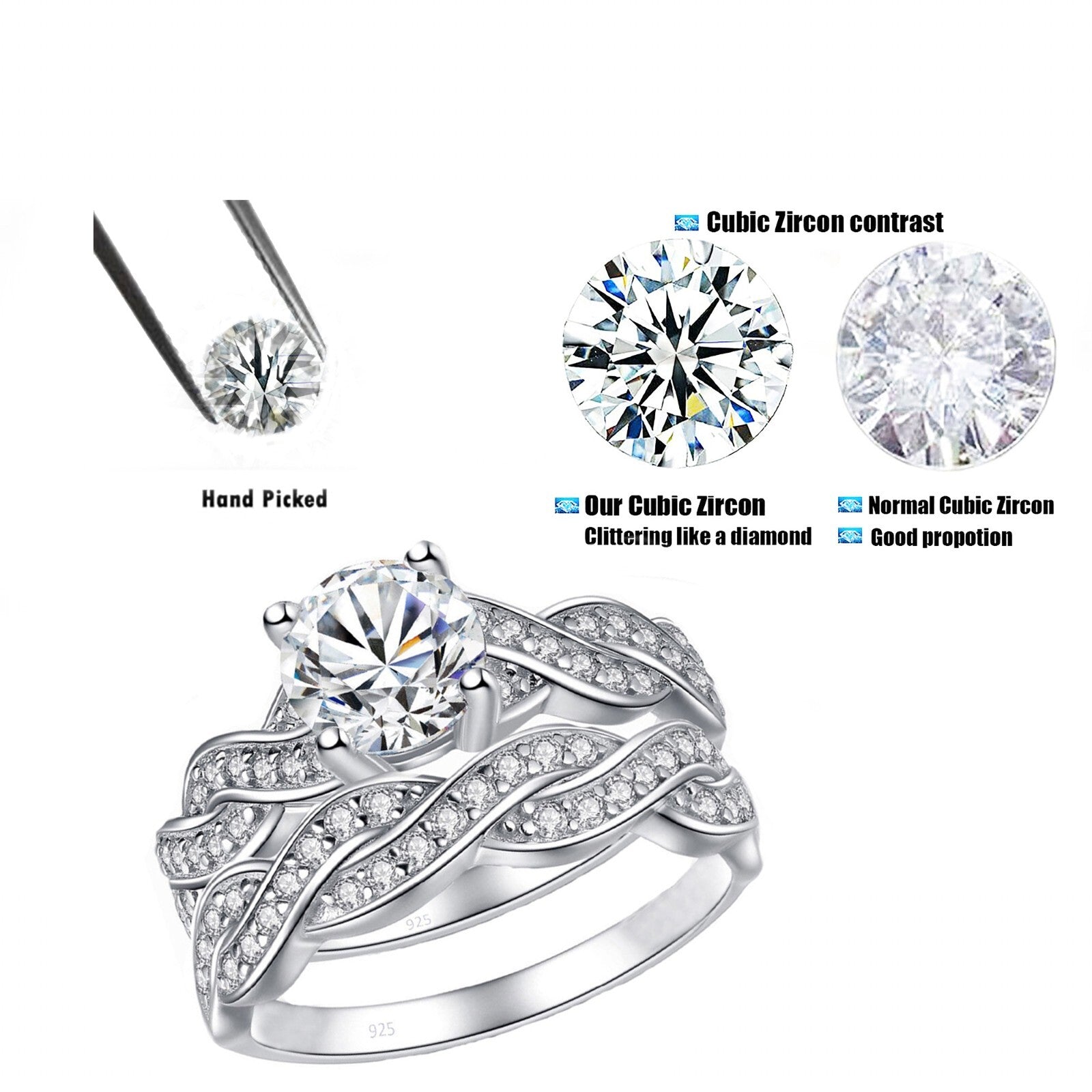 Silver Ring Real 925 Sterling Women Girl Engagement Wedding Natural Band