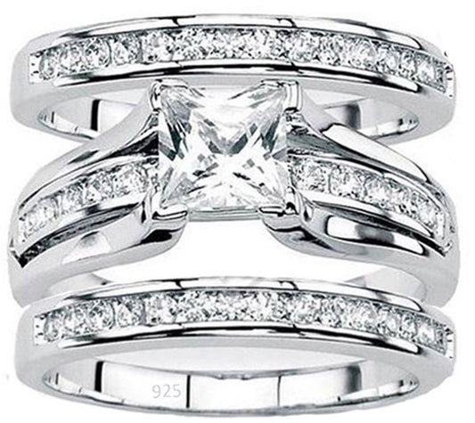 Womens Real 925 sterling silver Cubic Zirconia Wedding Ring 3pc Set Sz 4-11.5   