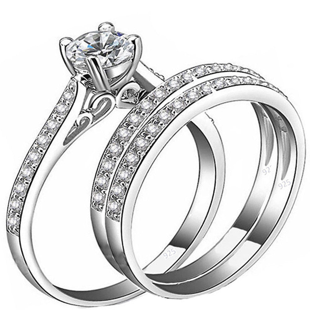 Silver Ring Women Real 925 Sterling  Wedding Engagement Set Band Sz 4-11,5