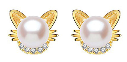 Women Real 925 Sterling Silver Cat Stud Pearl Smal Earrings Black White Yellow  