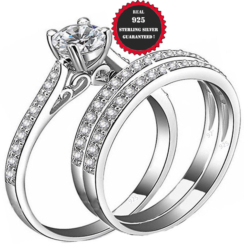 Silver Ring Women Real 925 Sterling  Wedding Engagement Set Band Sz 4-11,5