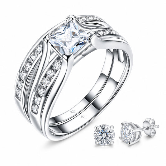 VPKJewelry real 925 sterling silver CZ two-piece ring set with matching stud earrings - upgraded main image