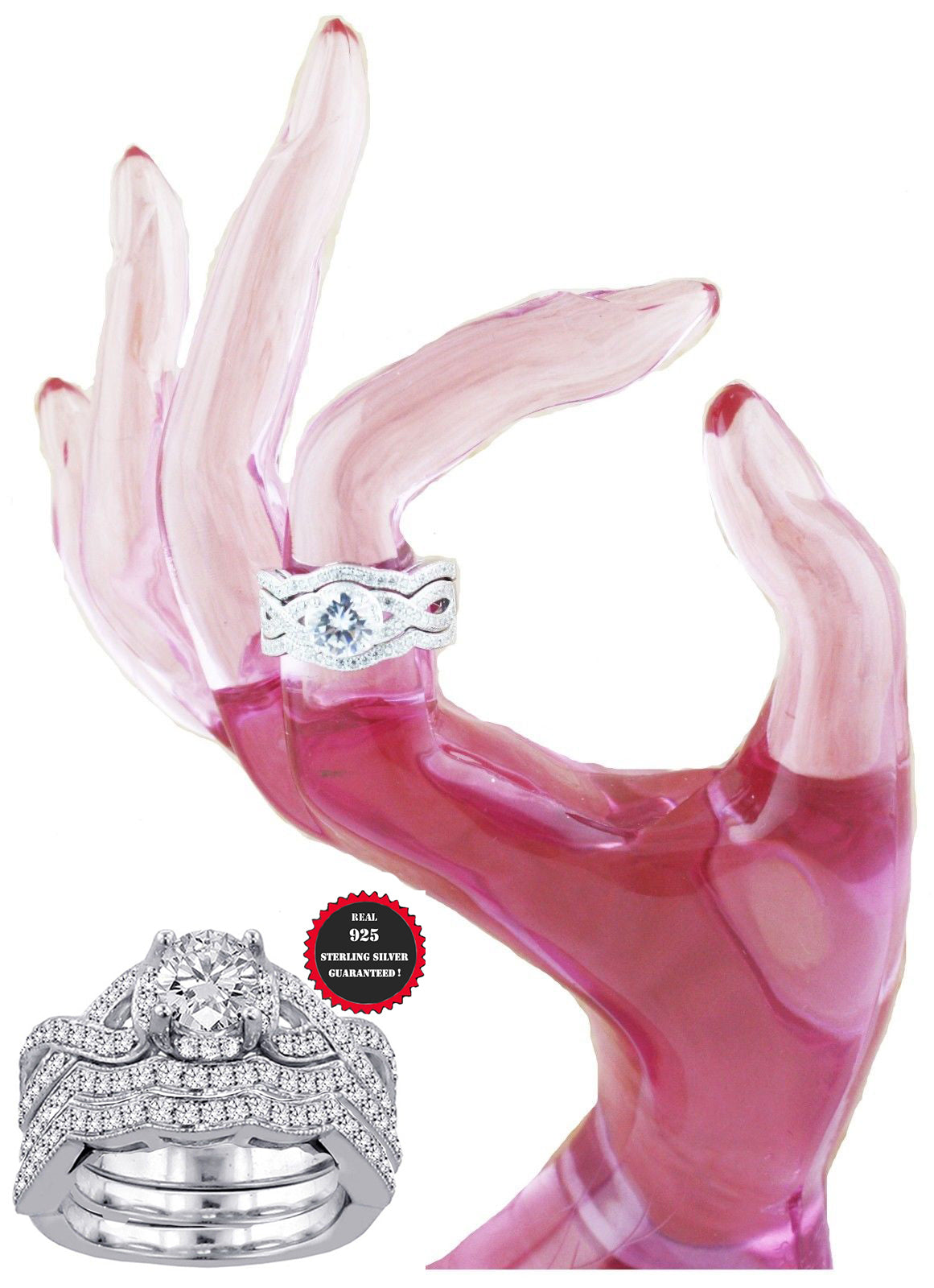 2pc or 3pc Real 925 Sterling silver Women Wedding  Cubic Zirconia Ring S 4-11.5
