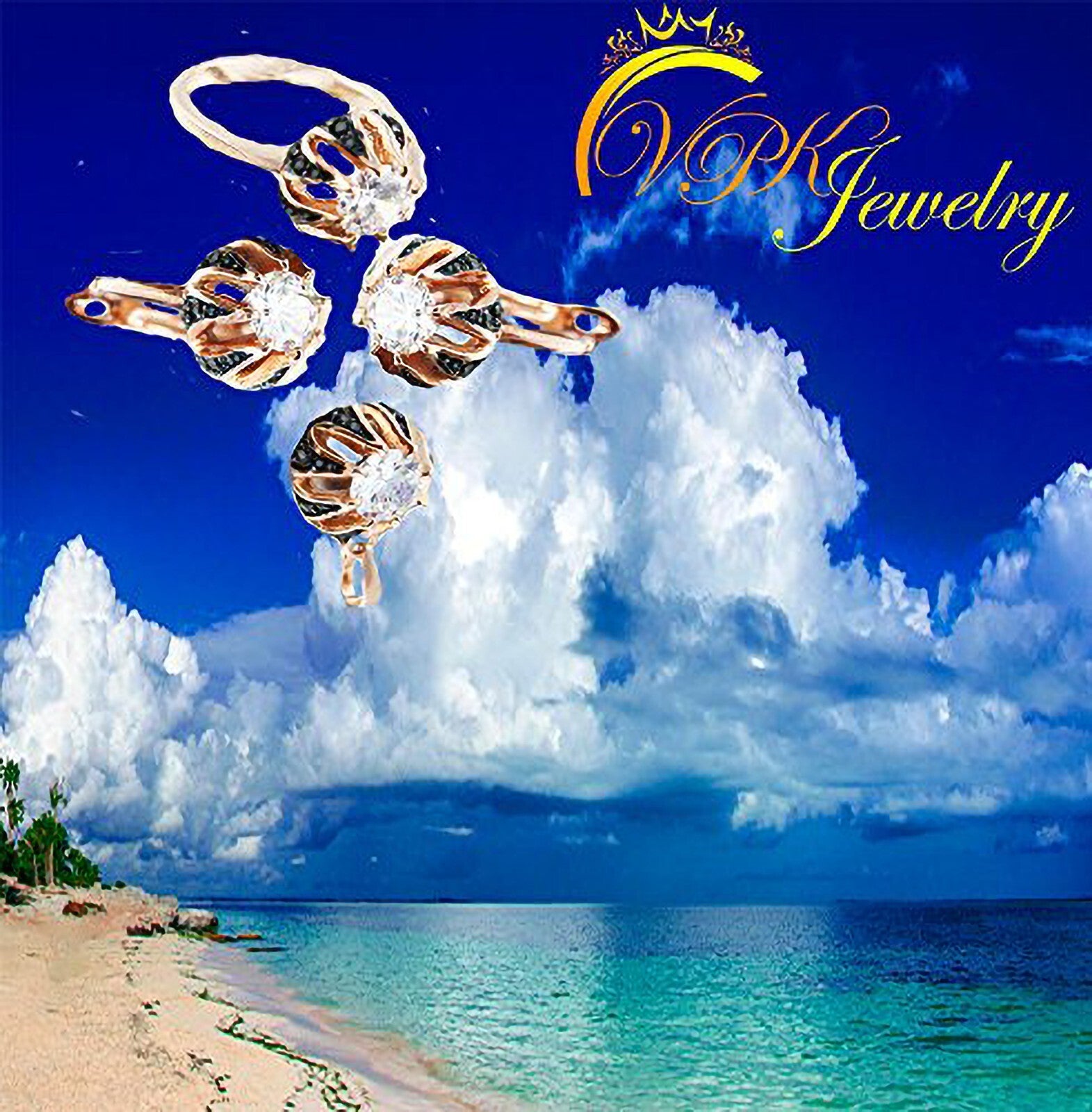 Russian Earring Ring Pendant Real 925 Sterling Silver set Rose 14k Gold Plated