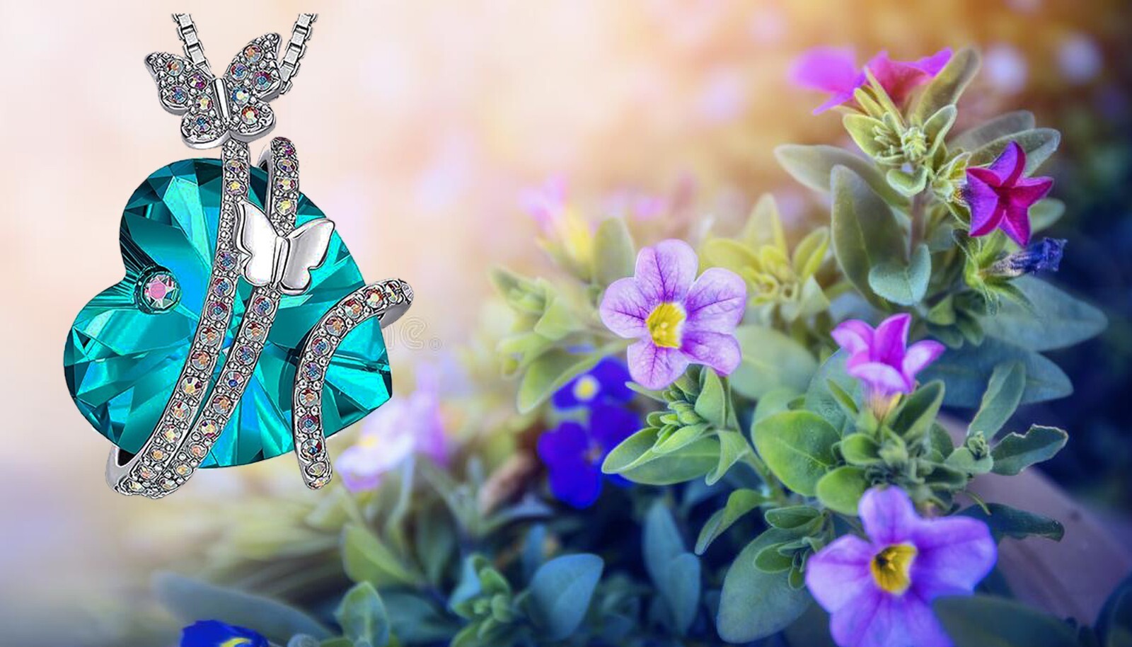 Butterfly Love Necklace Colorful Crystal Heart Pendant Chain Silver Plated box