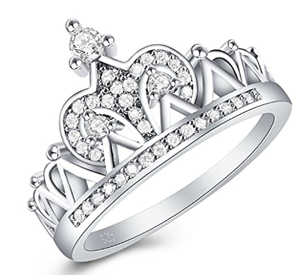 Silver crown ring Real 925 sterling tiara queen Women's Weddings Princess
