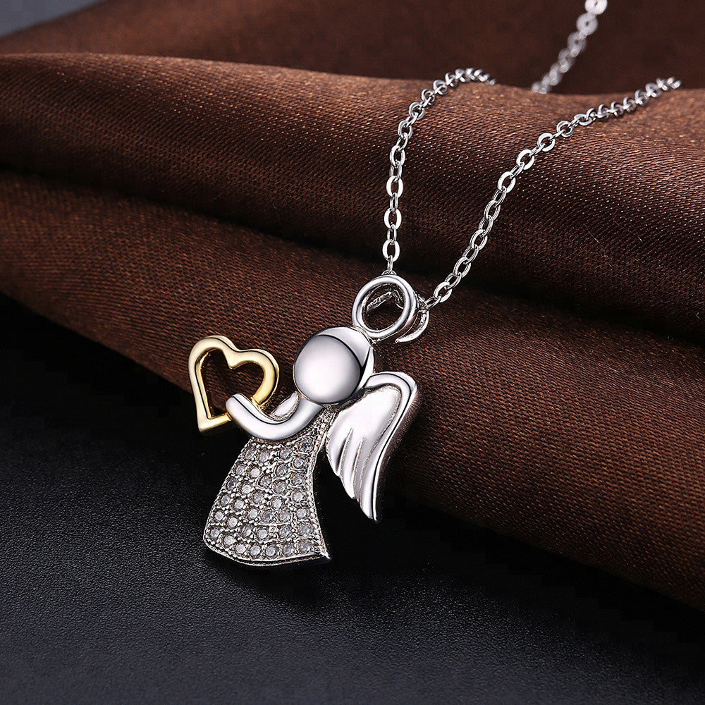 Crystal Angel's Necklace heart real 925 sterling silver 18k Gold plated Pendant