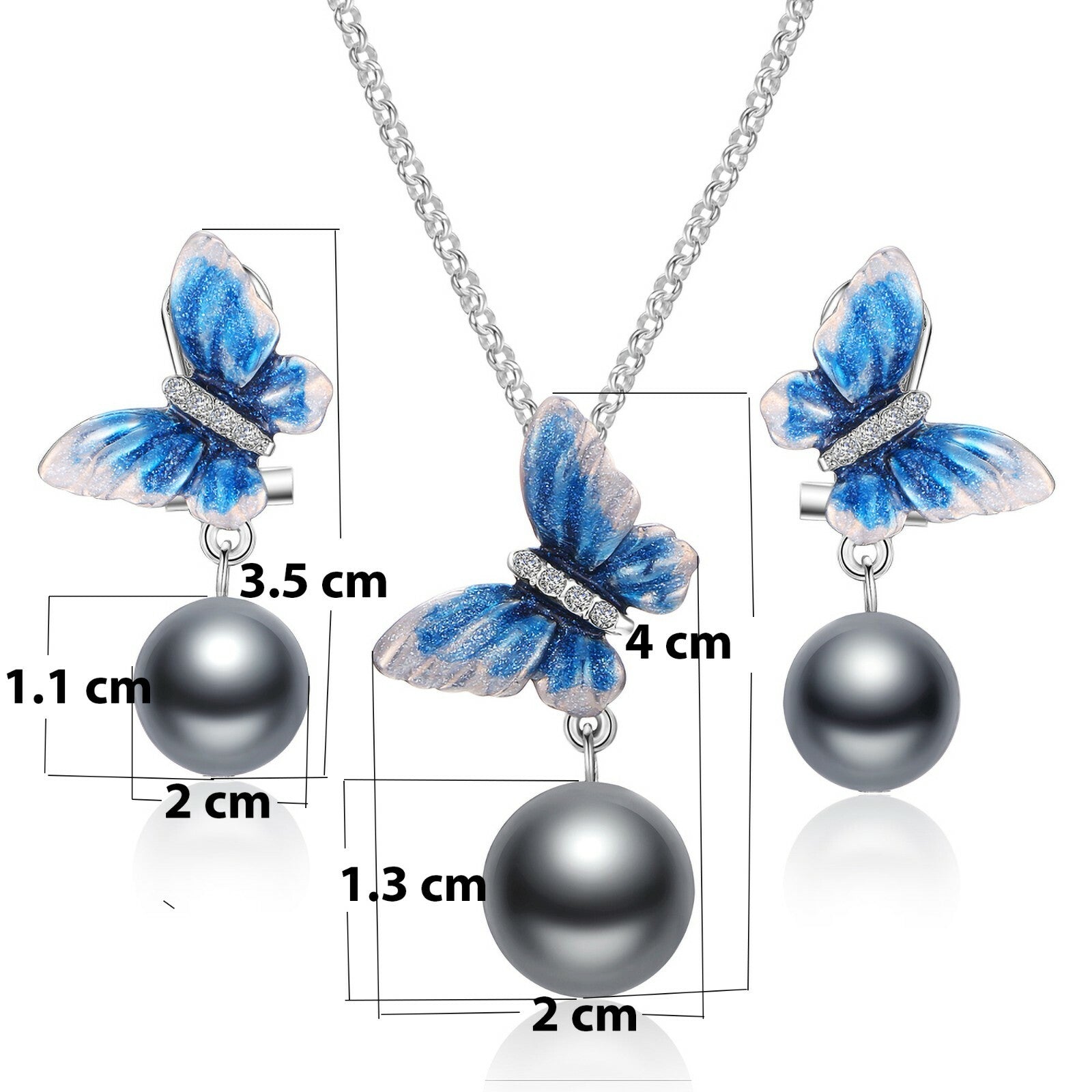 Women's Butterfly Love Set of Earrings Necklace Pearl 14k white gold plated