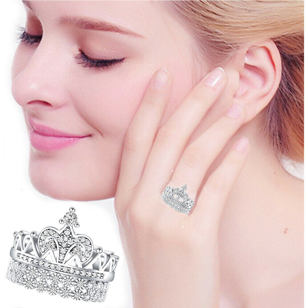 Silver crown ring Real 925 sterling tiara queen Women's Weddings Princess
