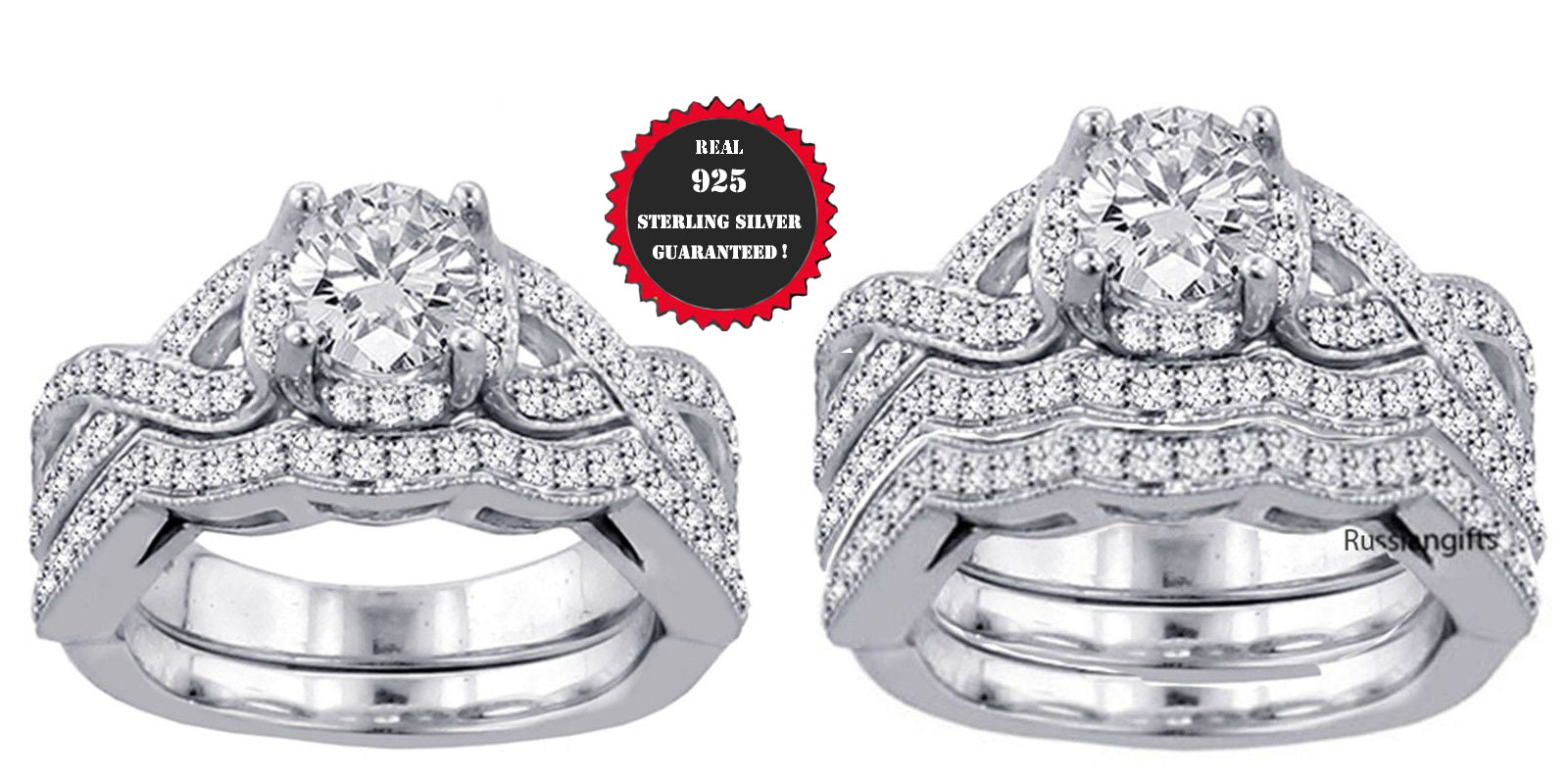2pc or 3pc Real 925 Sterling silver Women Wedding  Cubic Zirconia Ring S 4-11.5