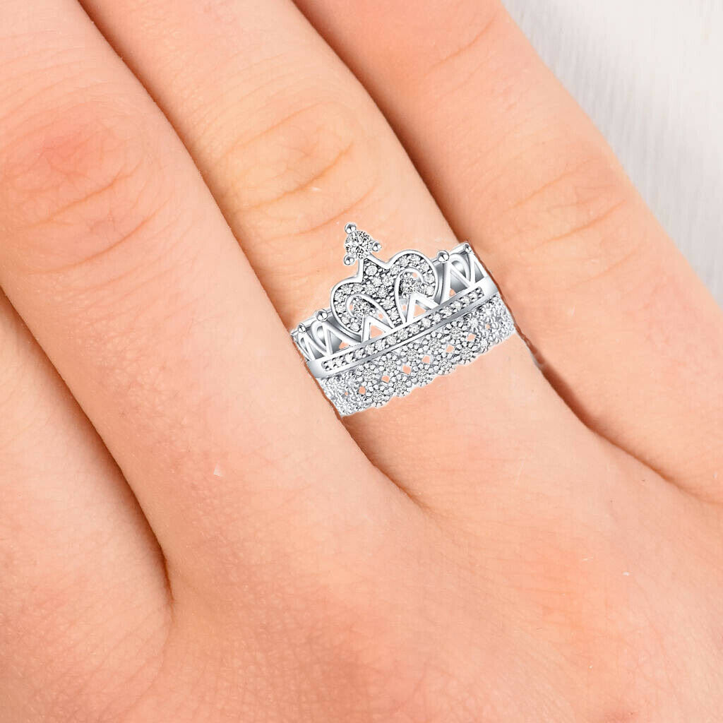 Silver crown ring Real 925 sterling tiara queen Women's Weddings Princess